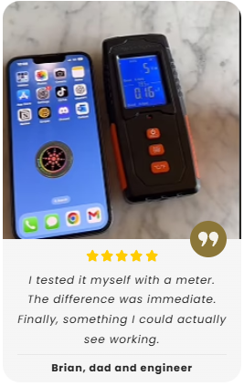 A smartphone and a digital meter on a marble surface with a testimonial below.