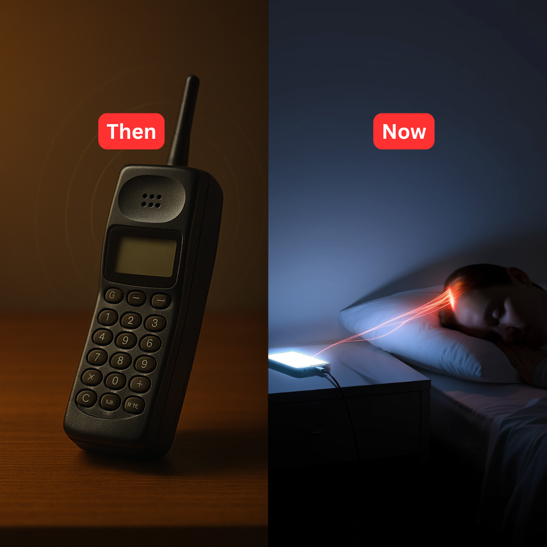 Old mobile phone beside text 'Then'; person sleeping with smartphone beside 'Now.'