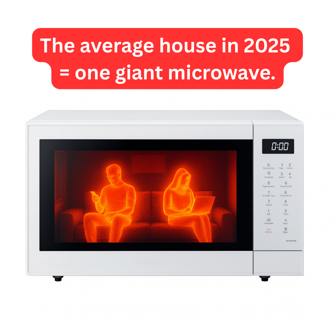 Microwave oven with red thermal image of seated people and text above.