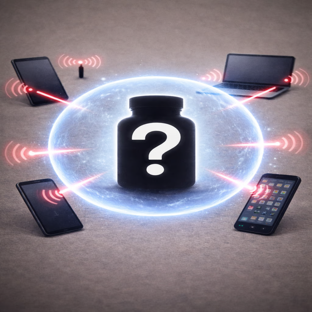 A bottle with a question mark inside a glowing orb, receiving signals from phones and a laptop.