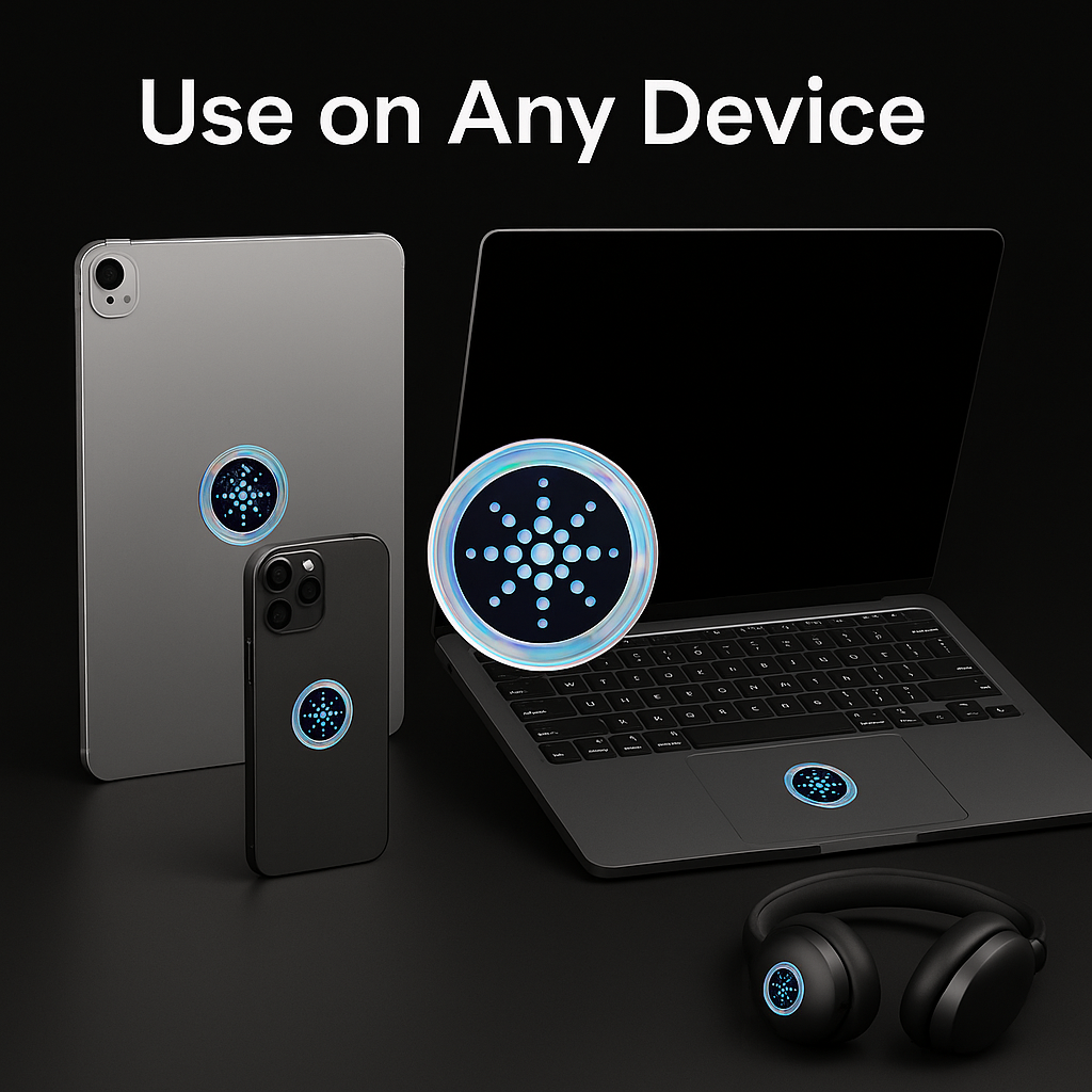 Devices with glowing circular symbols and text 'Use on Any Device' on a black background.