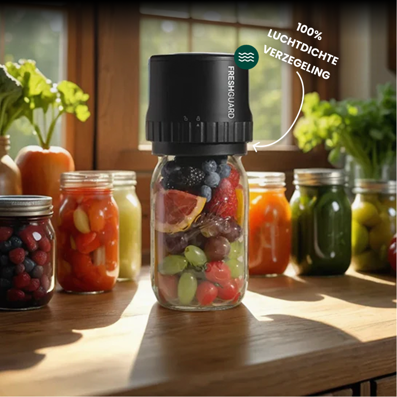 Jars of colorful fruits and vegetables on a wooden table.
