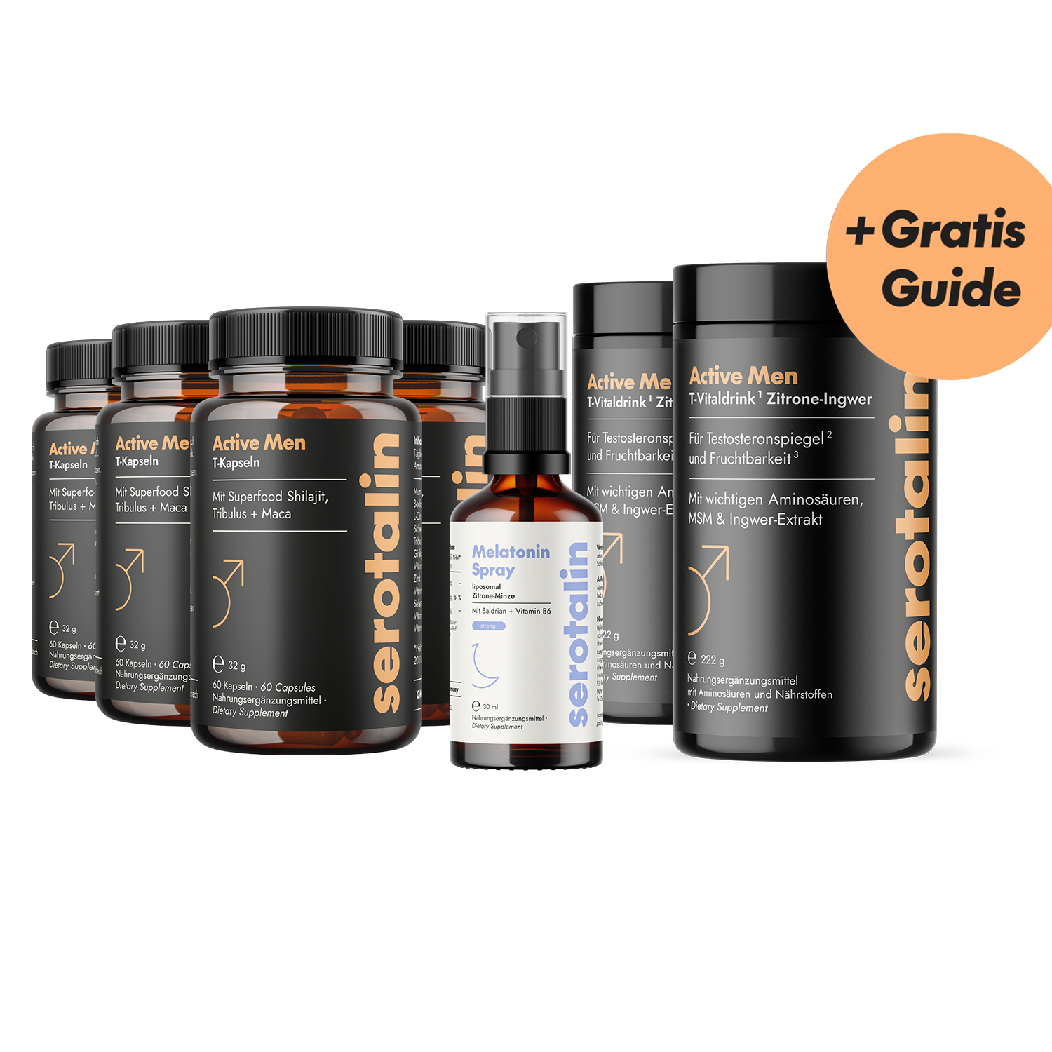 Assorted Serotalin supplement bottles with a '+Gratis Guide' label.