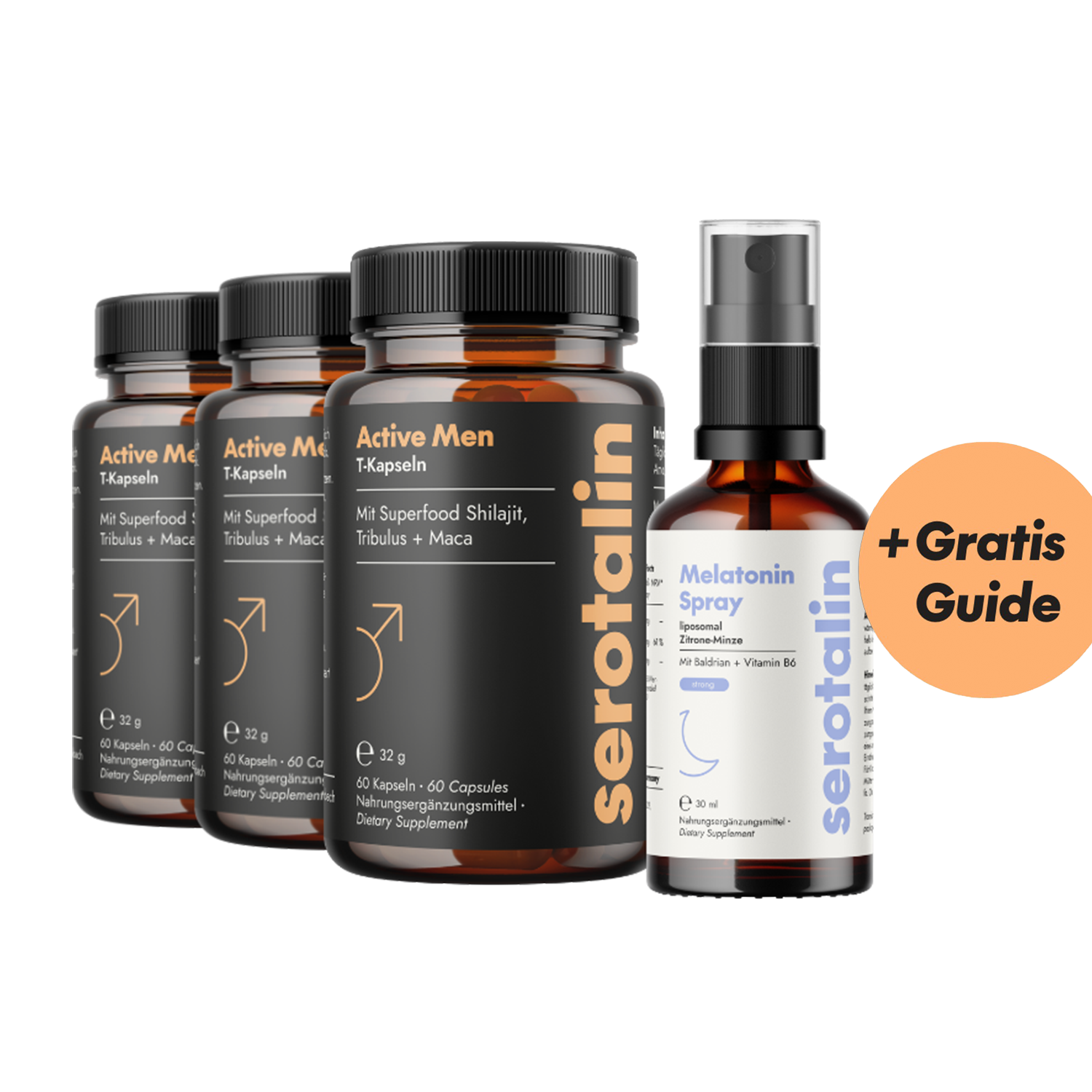 Three bottles of dietary supplement labeled 'Active Men' with black and orange design.