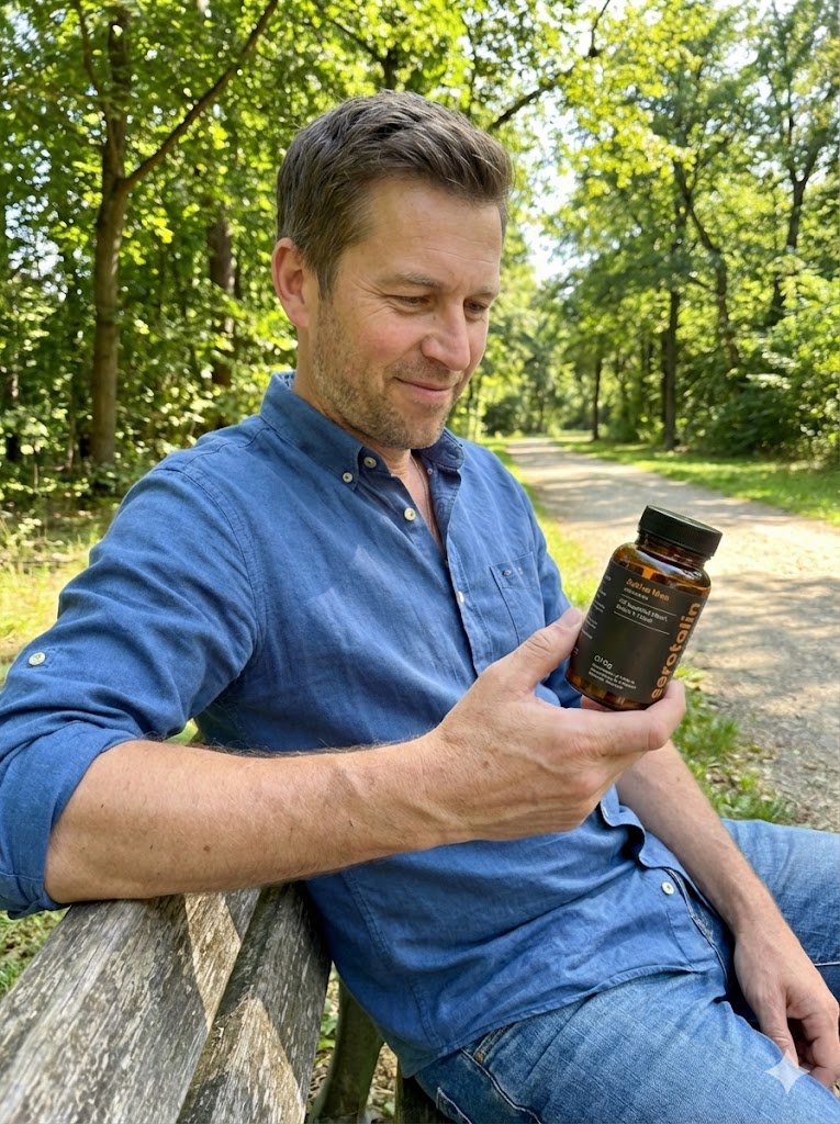 A man in a blue shirt sits on a park bench looking at a brown bottle of supplements.