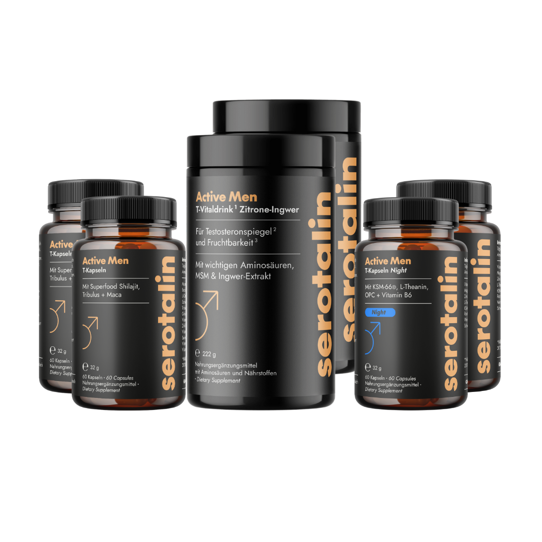 Collection of black bottles labeled 'Active Men Serotalin' dietary supplements.