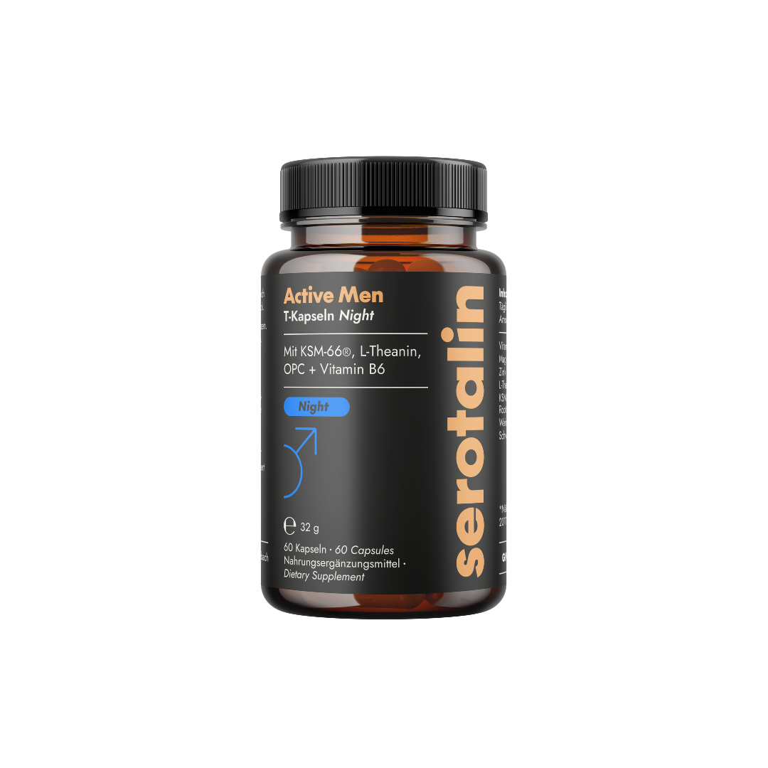 Bottle labeled 'serotalin Active Men Night' with supplement details.
