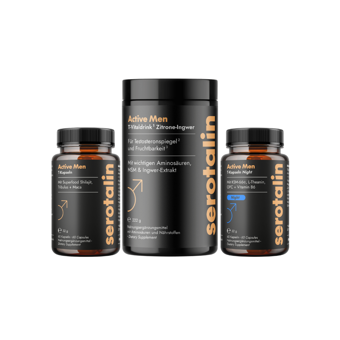 Three supplement bottles labeled Serotalin Active Men.