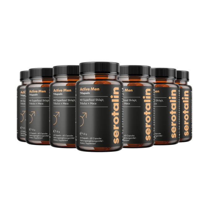 Seven bottles of Serotalin Active Men capsules with black labels and orange text.