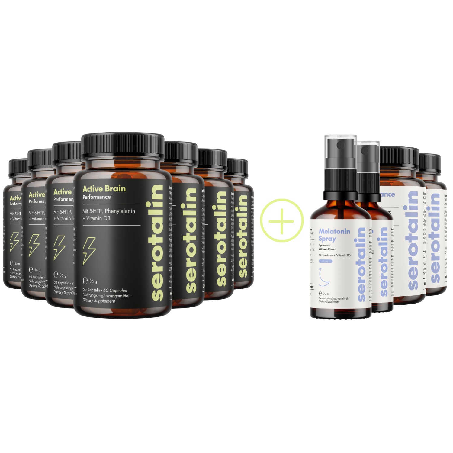 Bottles of Serotalin supplements and melatonin spray with a plus sign between them.