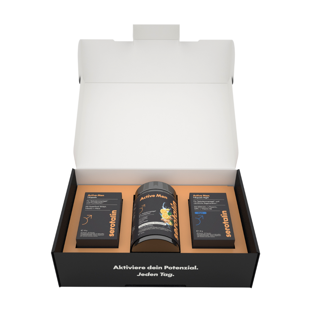 Open black box with bottles labeled 'Active Men' inside.