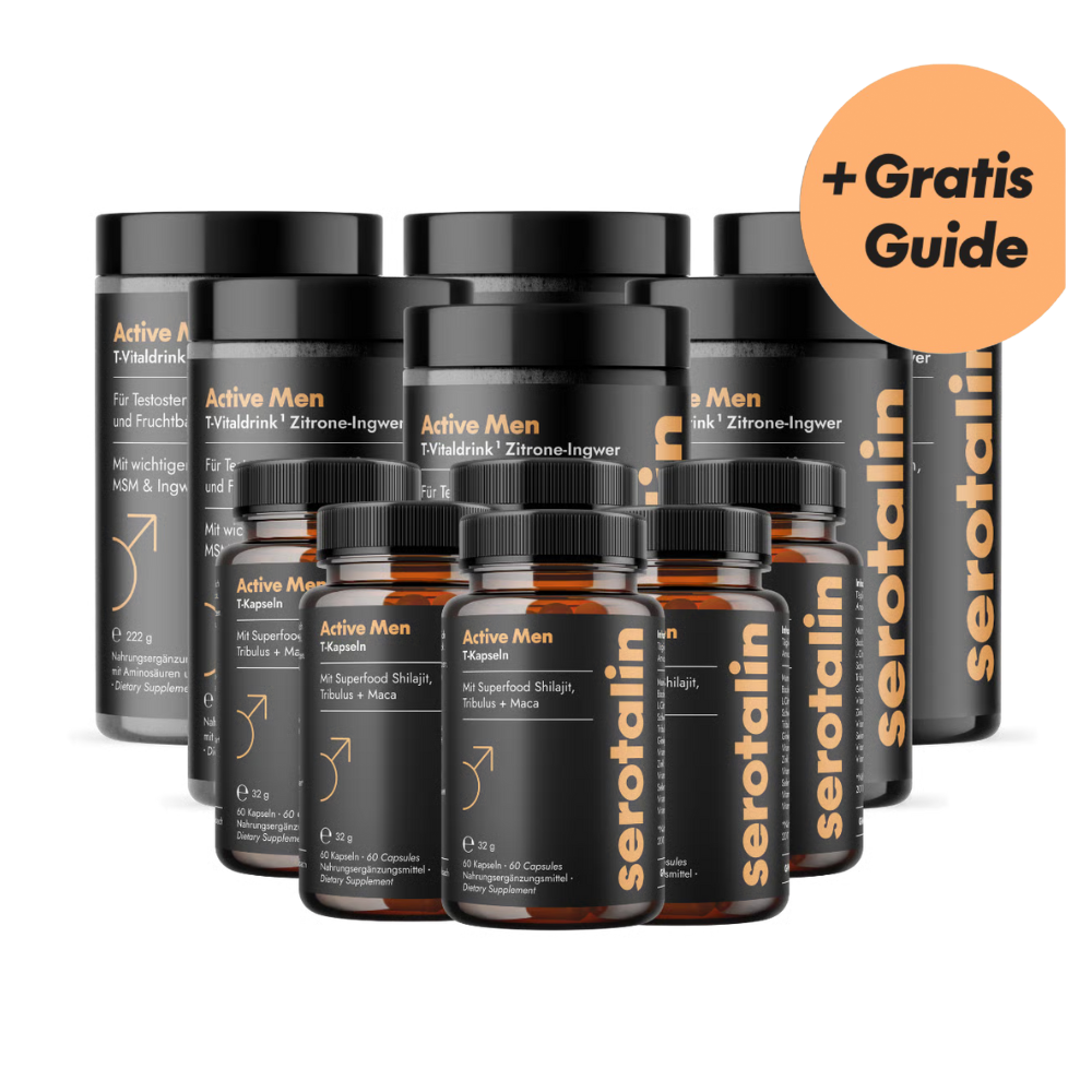 Bottles of 'Active Men' supplements with a 'Gratis Guide' label.