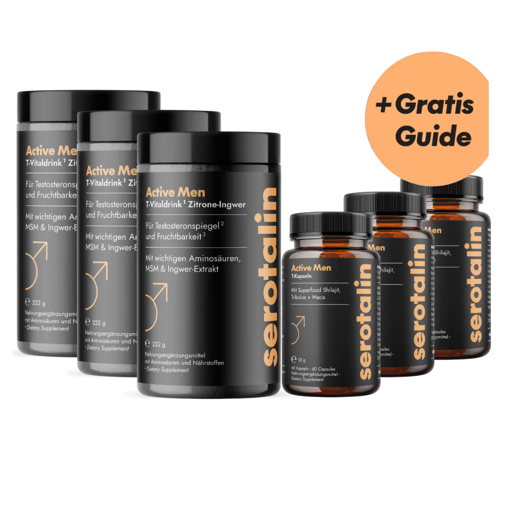 Black and orange supplement containers labeled 'Active Men' with a '+Gratis Guide' badge.