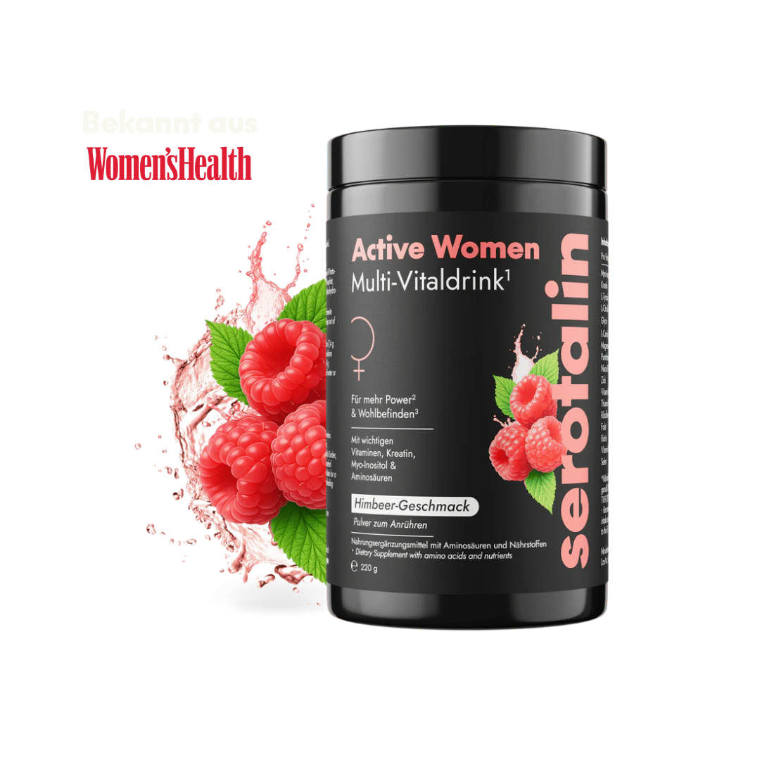 Product packaging with raspberries and 'Active Women Multi-Vitaldrink' text.
