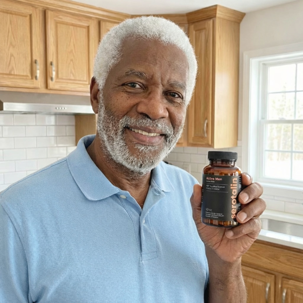 A smiling older man in a blue polo shirt holds a bottle of Serotalin Active Men supplements.