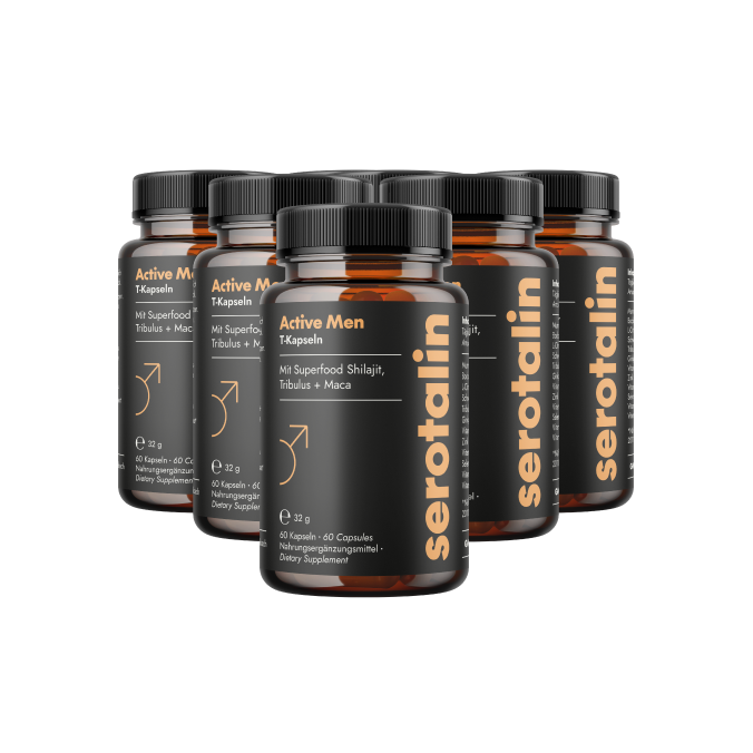 Six bottles of dietary supplement labeled 'Active Men' with black and orange design.
