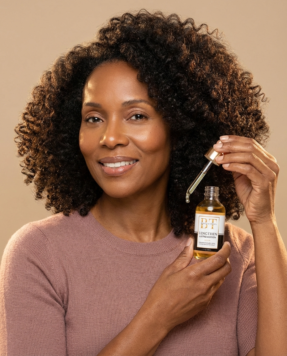A smiling woman with curly hair holds up a bottle and dropper of 'Lengthen & Strengthen' hair oil.