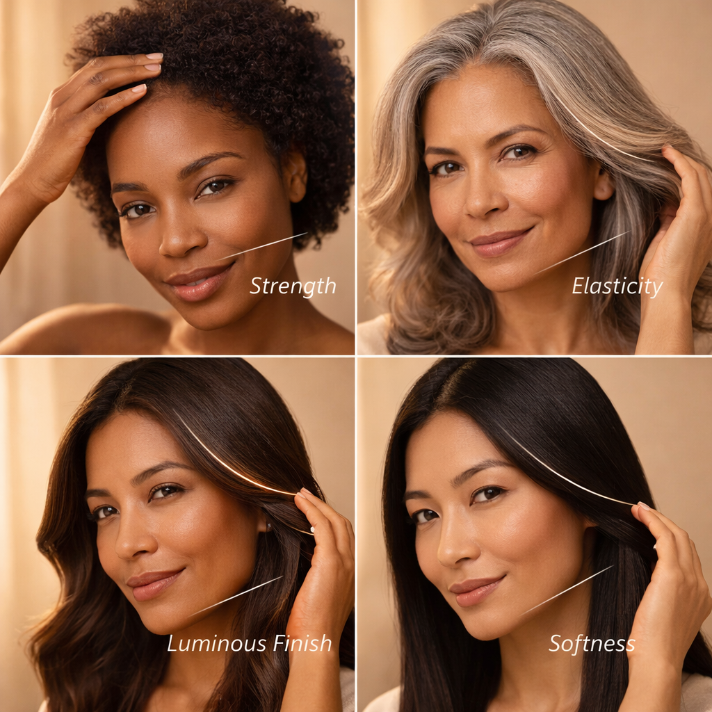 A collage of four diverse women touching their hair, labeled with qualities like strength and softness.
