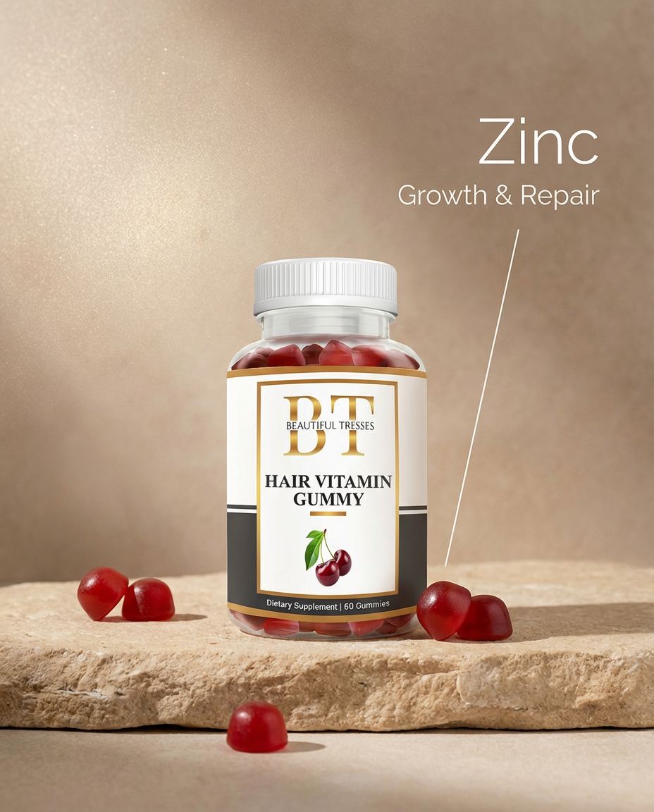 A bottle of Beautiful Tresses Hair Vitamin Gummies sits on a stone with several red gummies scattered around it.