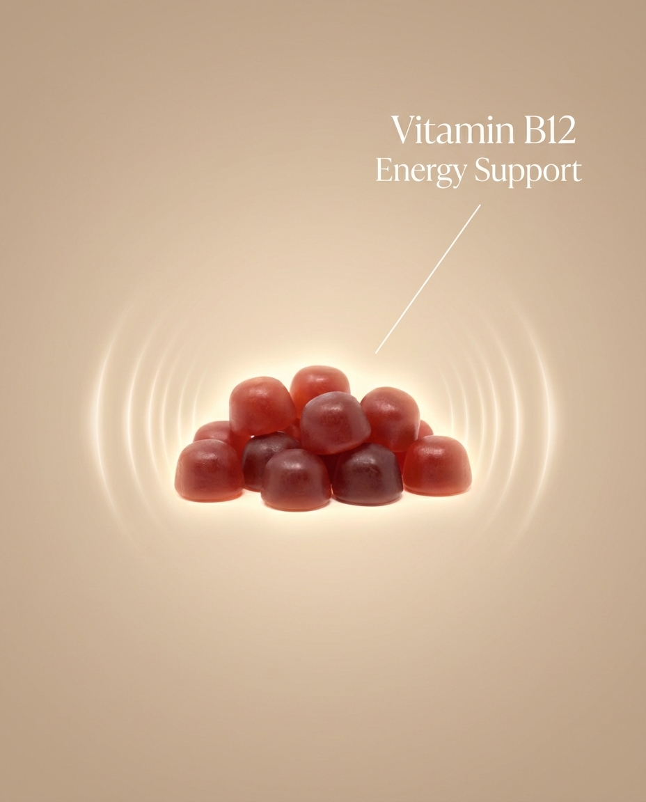 A pile of red gummies glowing with energy, labeled 'Vitamin B12 Energy Support'.