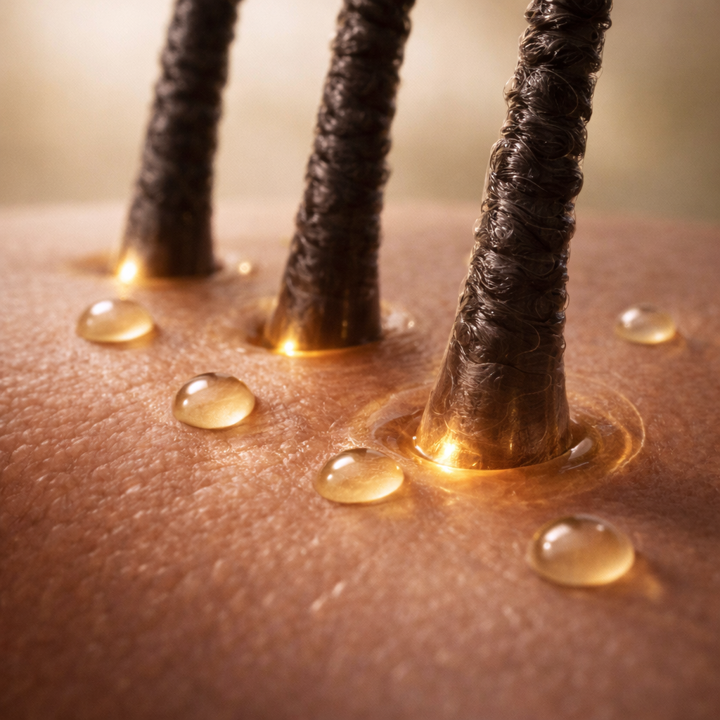 A microscopic close-up of three hair follicles on skin with glowing golden droplets of liquid.