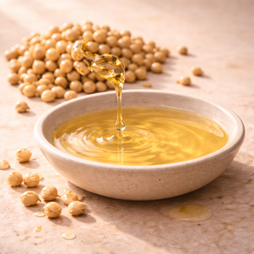 Golden oil is poured into a shallow bowl, surrounded by dried chickpeas on a stone surface.