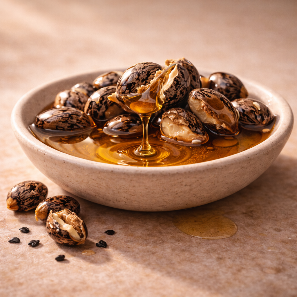A bowl of mottled castor beans in golden oil, with more oil being drizzled on top.