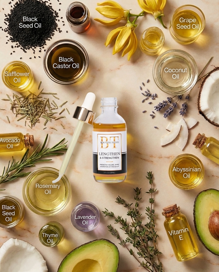A bottle of hair oil surrounded by its labeled ingredients like avocado, coconut, rosemary, and other essential oils.