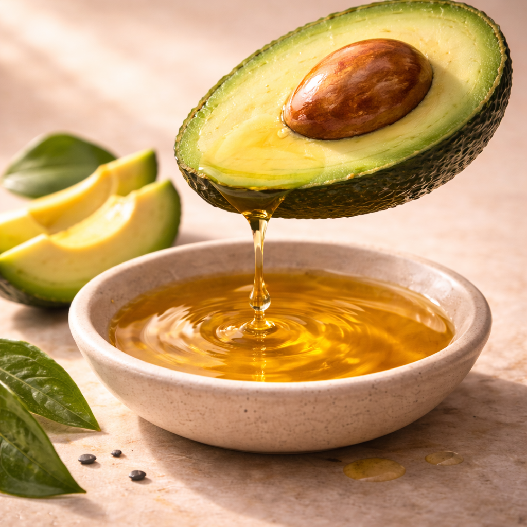 Golden oil drips from a halved avocado with a pit into a small ceramic bowl below.
