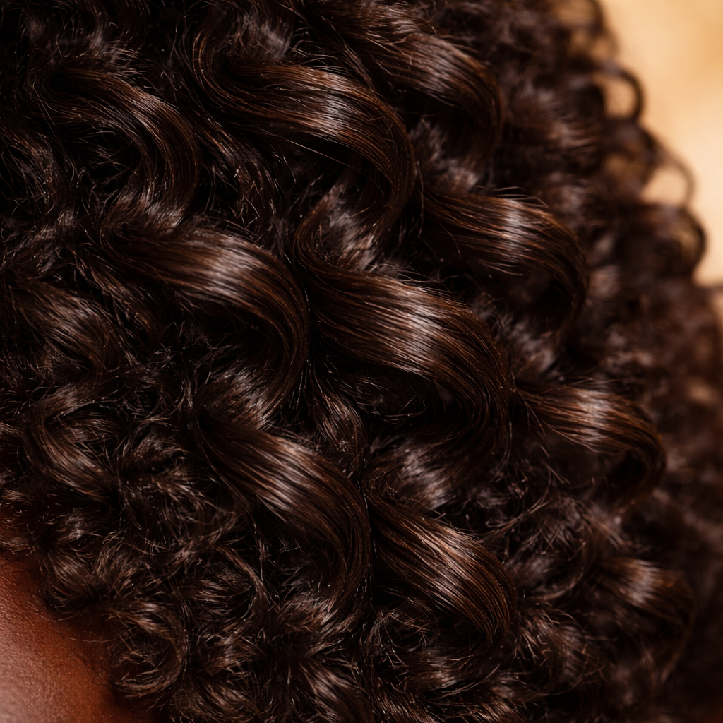 A close-up photograph of shiny, dark brown, tightly curled hair.
