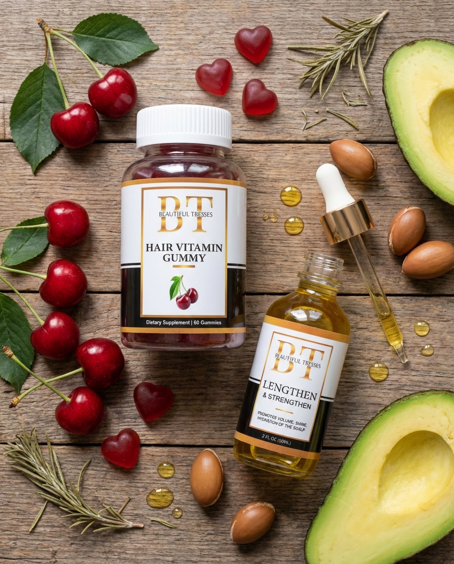 Hair vitamin gummies and hair oil displayed on a wooden surface with cherries, avocado, and argan nuts.