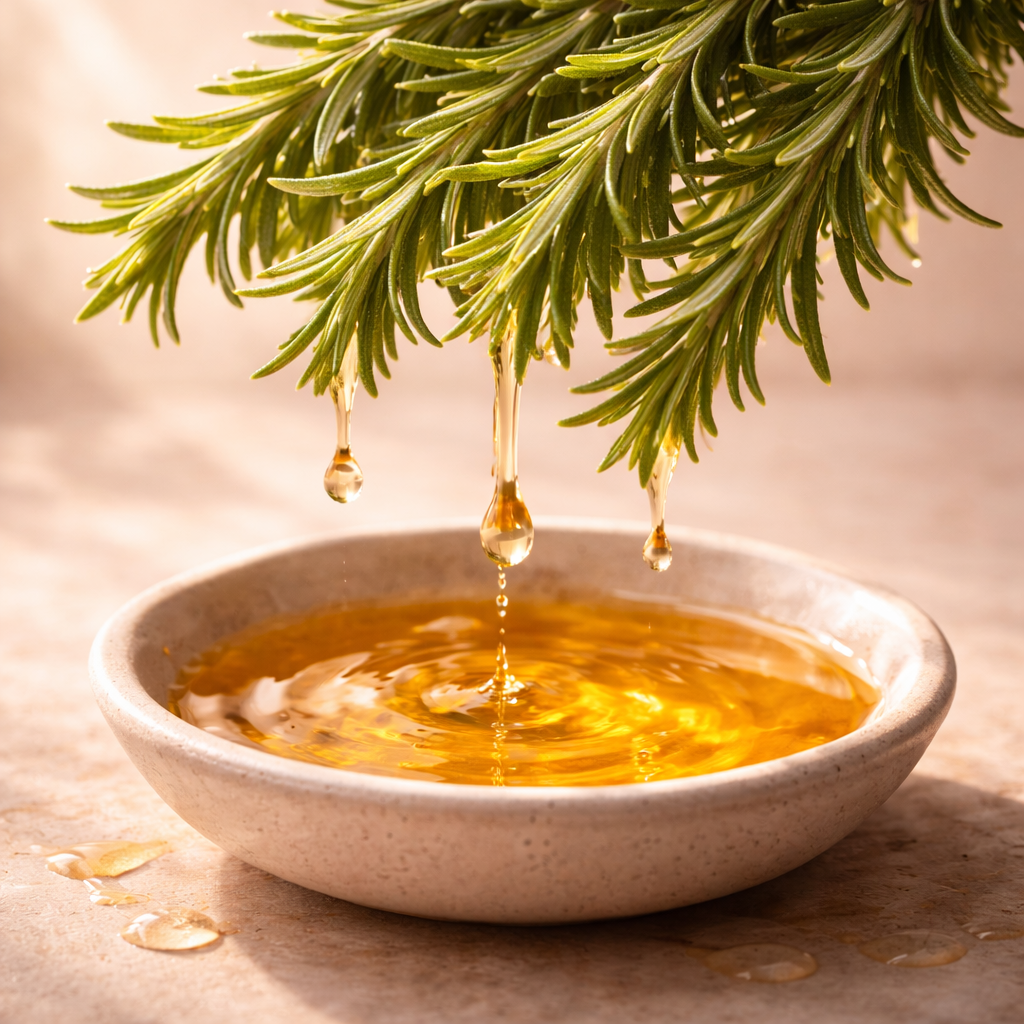 A close-up of golden oil dripping from a sprig of rosemary into a small ceramic bowl.