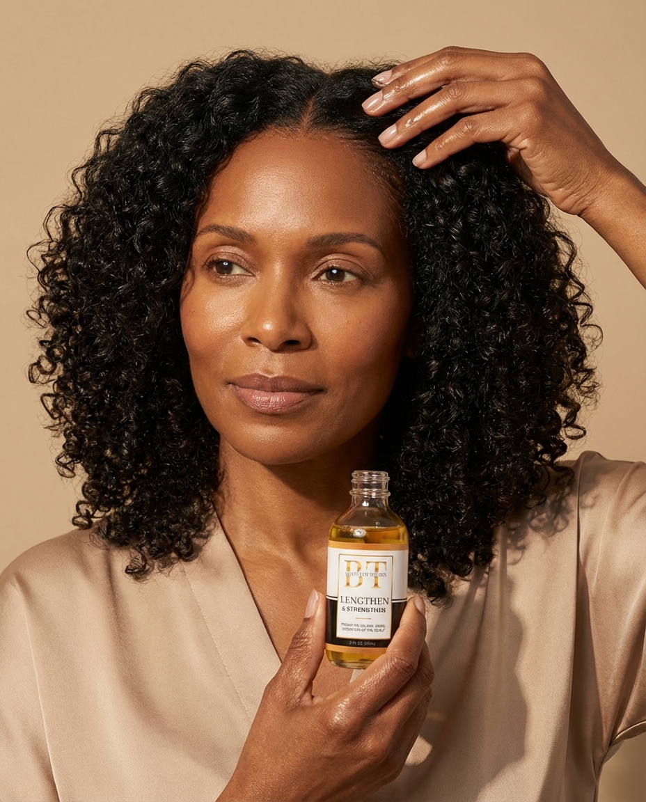 A woman with curly hair holds a small bottle of hair oil and touches her scalp.