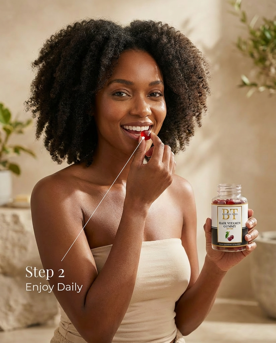 A smiling woman with curly hair holds a bottle of hair vitamins and eats a red gummy.
