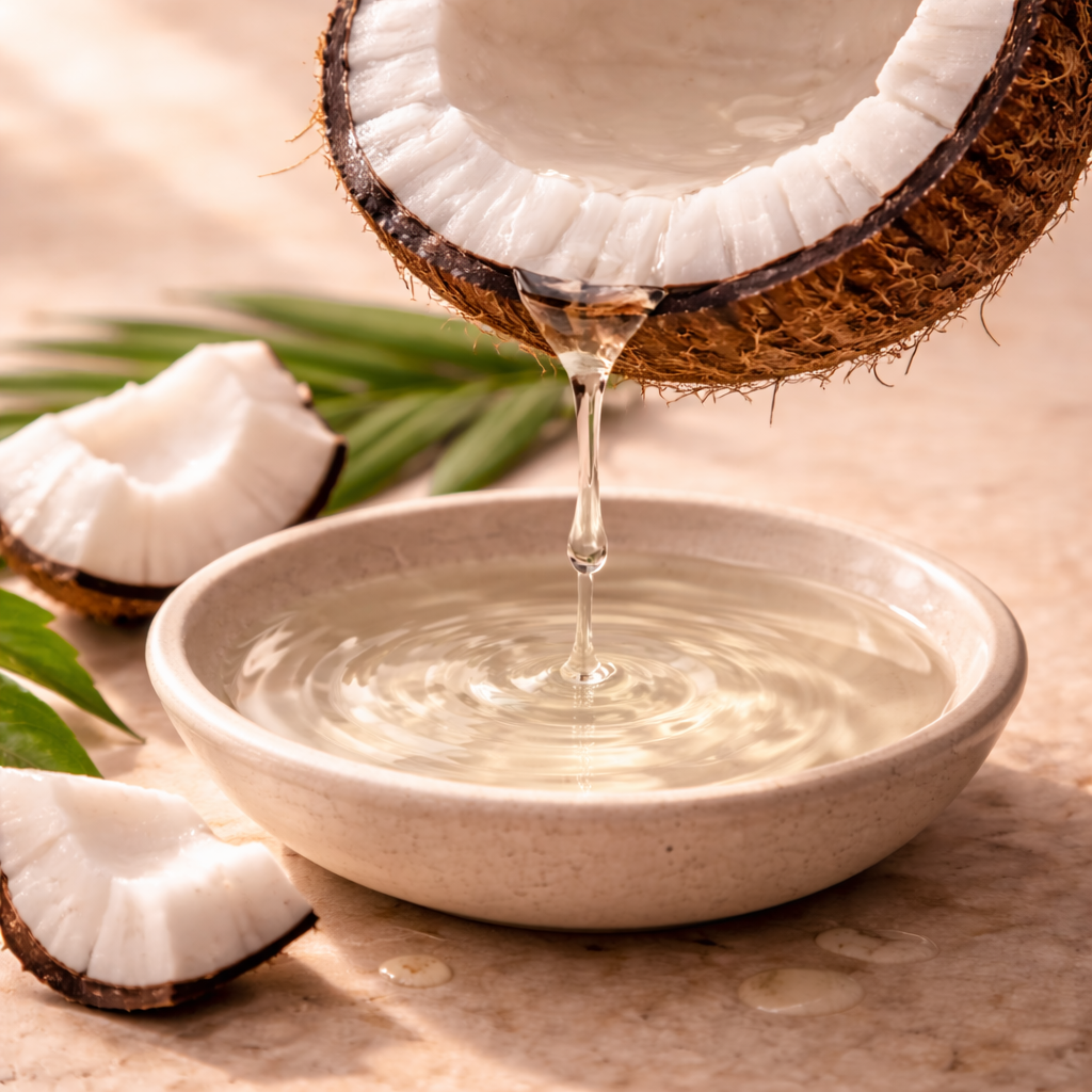 Coconut oil is poured from a halved coconut into a small bowl, with coconut pieces nearby.