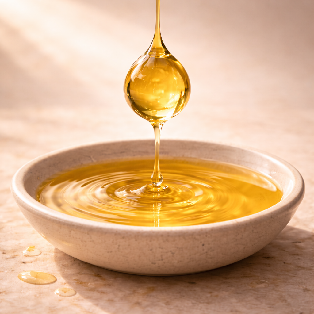 A close-up of golden oil being poured into a shallow ceramic bowl, creating a large drop and ripples.