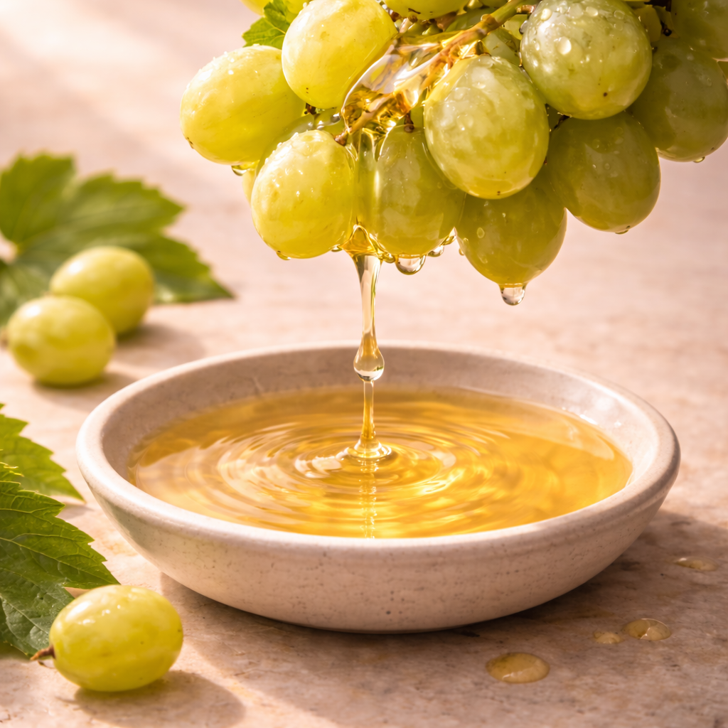 A stream of golden liquid drips from a bunch of green grapes into a shallow bowl.