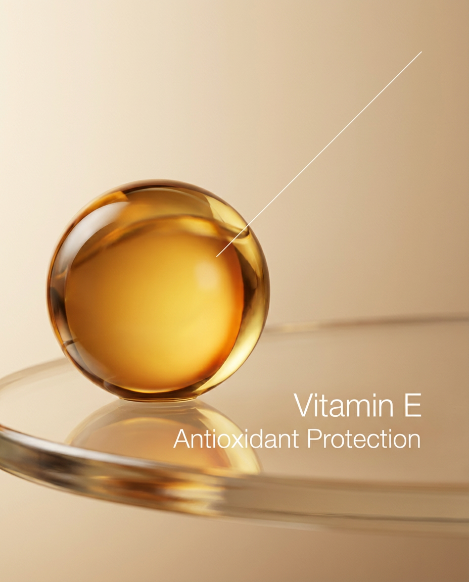 A golden, spherical Vitamin E capsule on a clear surface with text reading 'Antioxidant Protection'.