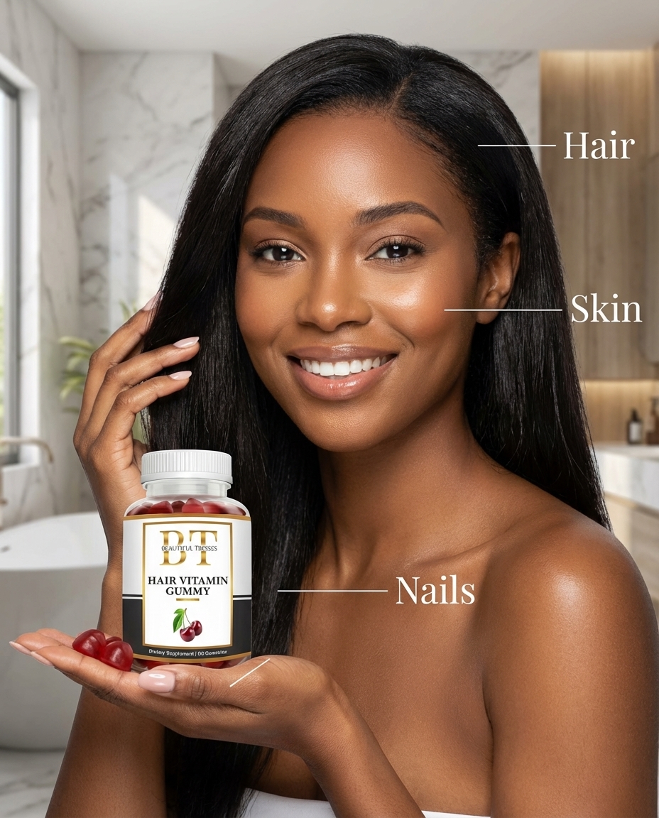 A smiling woman holds a bottle of hair vitamin gummies with text pointing to her hair, skin, and nails.