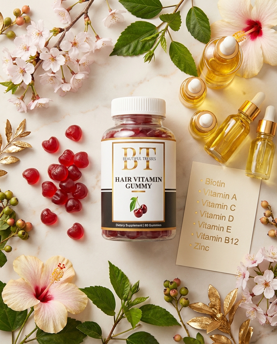 A bottle of hair vitamin gummies is artfully arranged with flowers, oils, and heart-shaped gummies on marble.