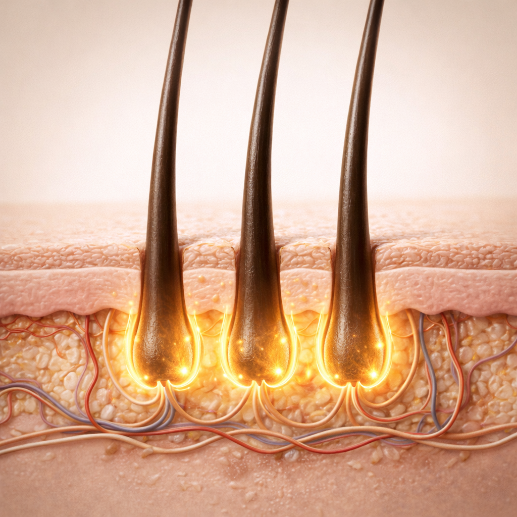 A 3D illustration of three hair follicles in a cross-section of skin, with glowing roots.