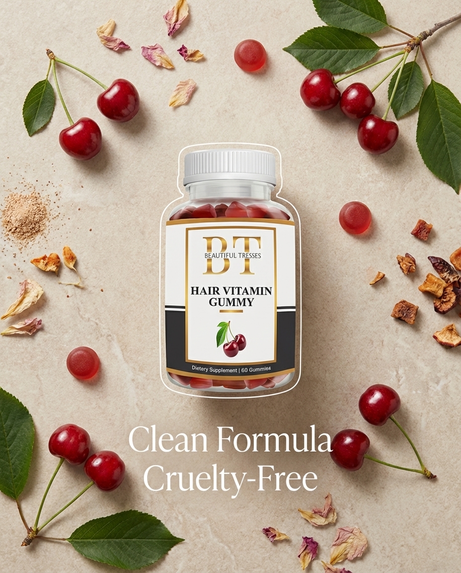 A bottle of hair vitamin gummies is arranged on a surface with fresh cherries, leaves, and loose gummies.