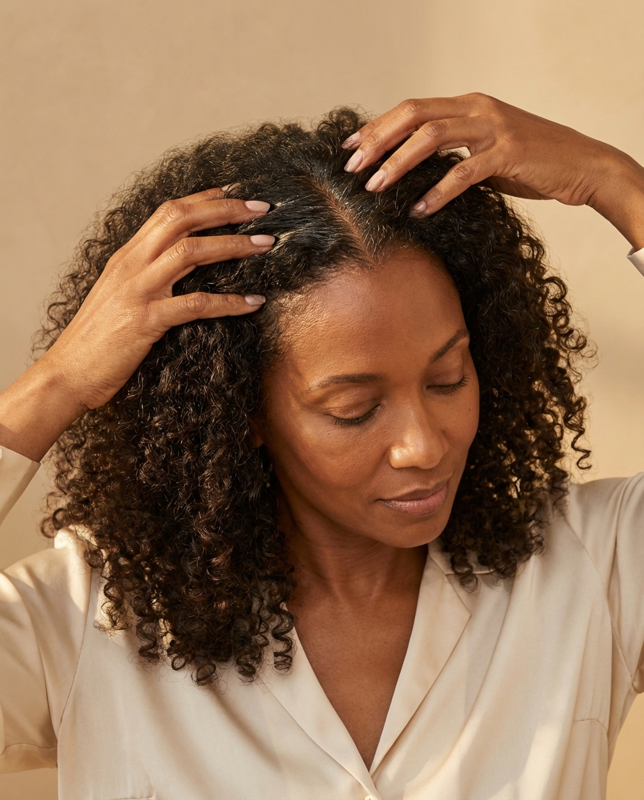 A woman with curly dark hair and graying roots runs her hands through her hair with her eyes closed.