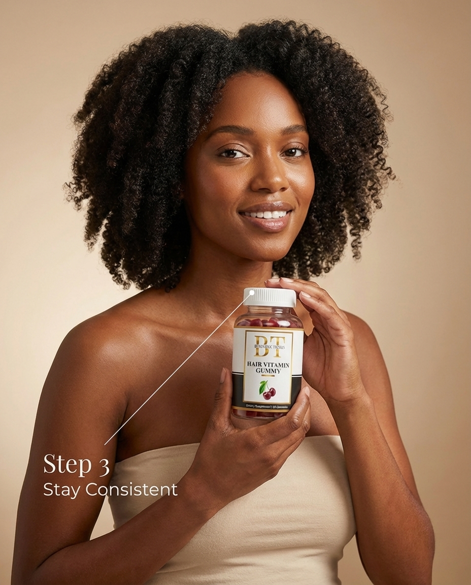 A smiling woman with curly hair holds a bottle of BT Hair Vitamin Gummy supplements.