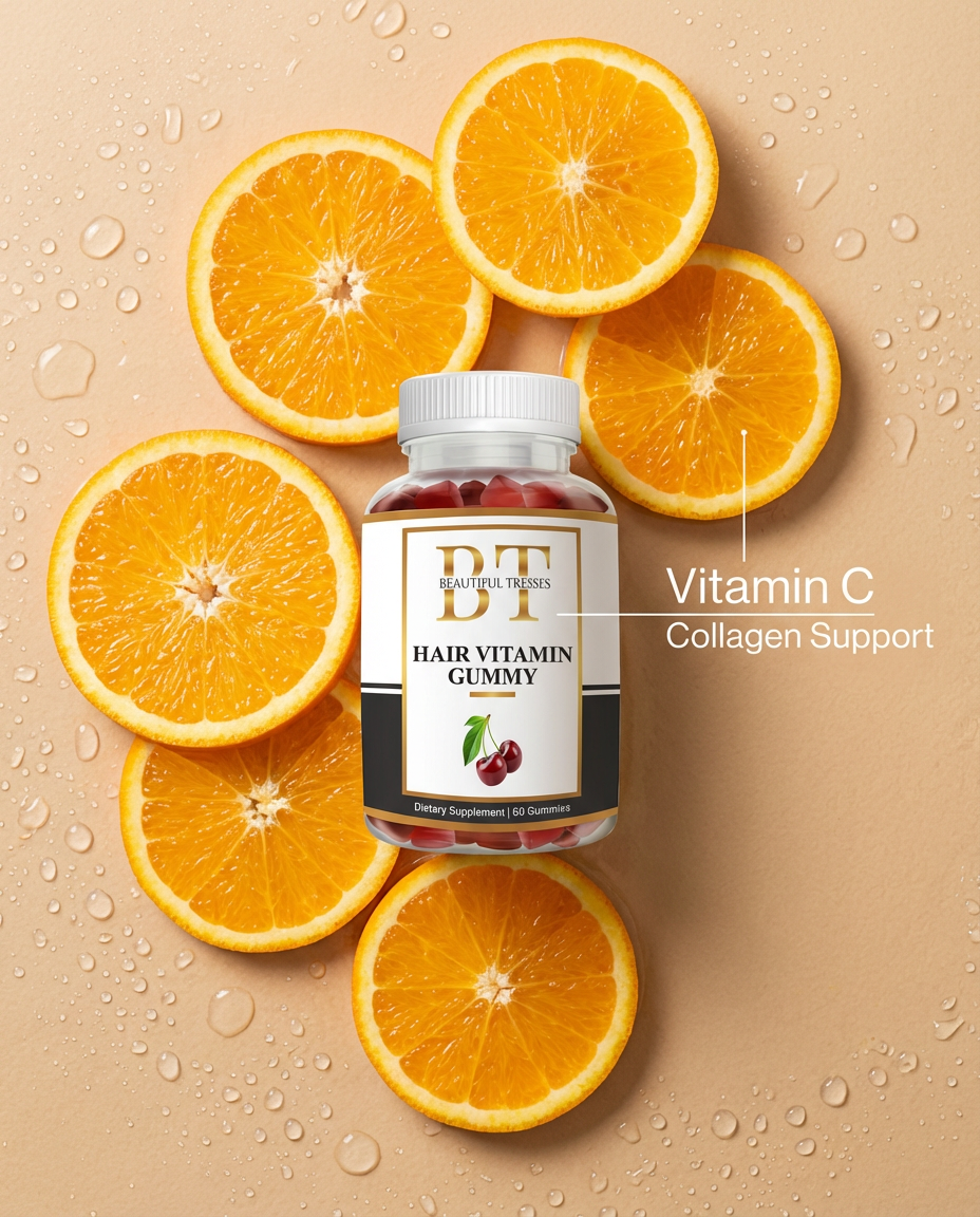 A bottle of hair vitamin gummies sits atop several orange slices on a wet, light brown surface.