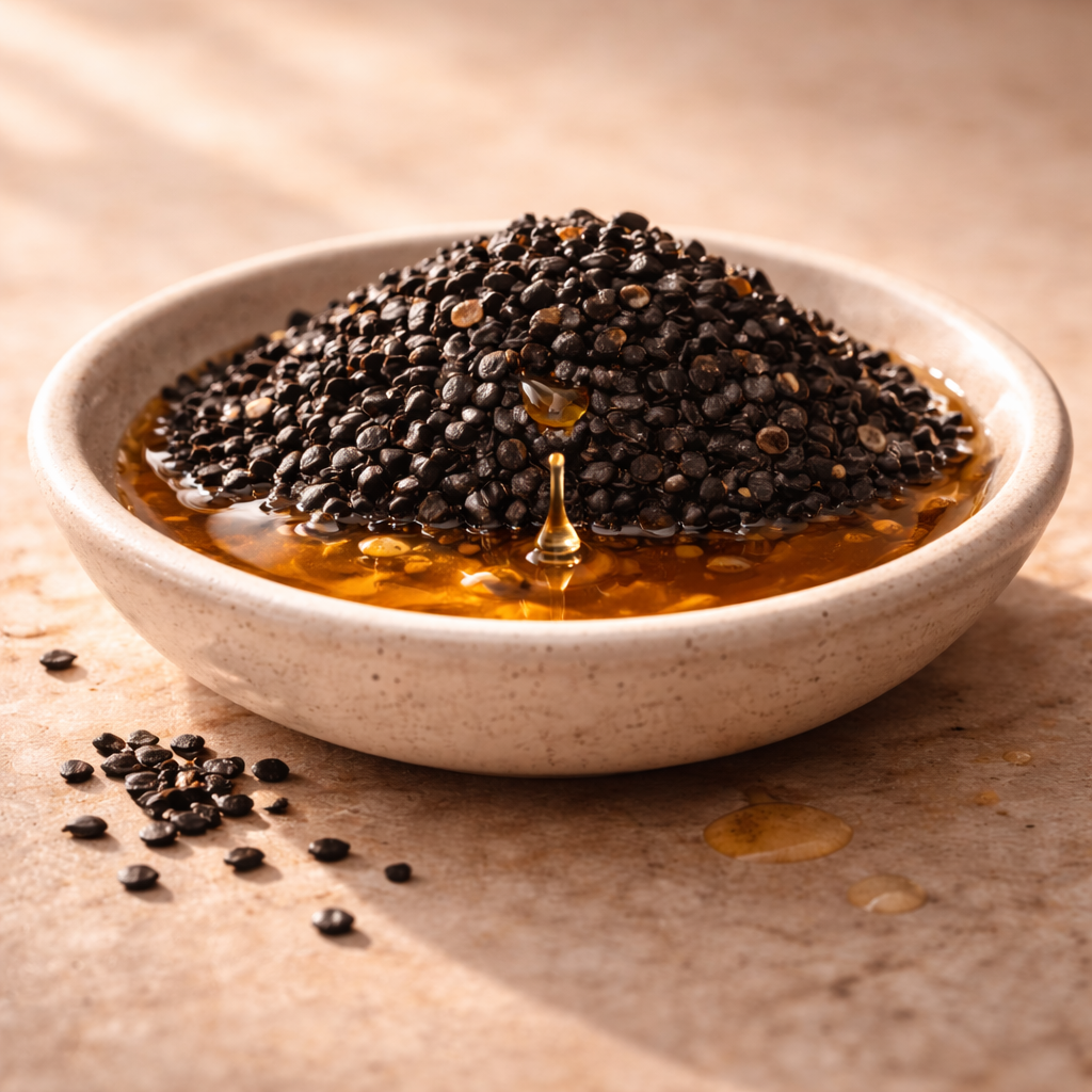 A close-up shot of a drop of golden oil falling onto a pile of black seeds in a bowl.