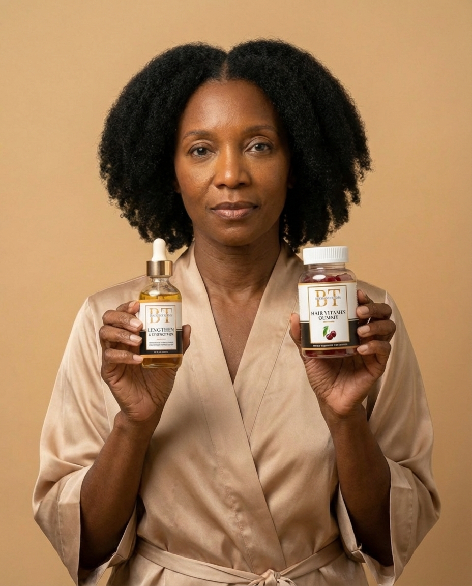 A woman in a robe holds up a bottle of hair oil and a jar of hair vitamin gummies.