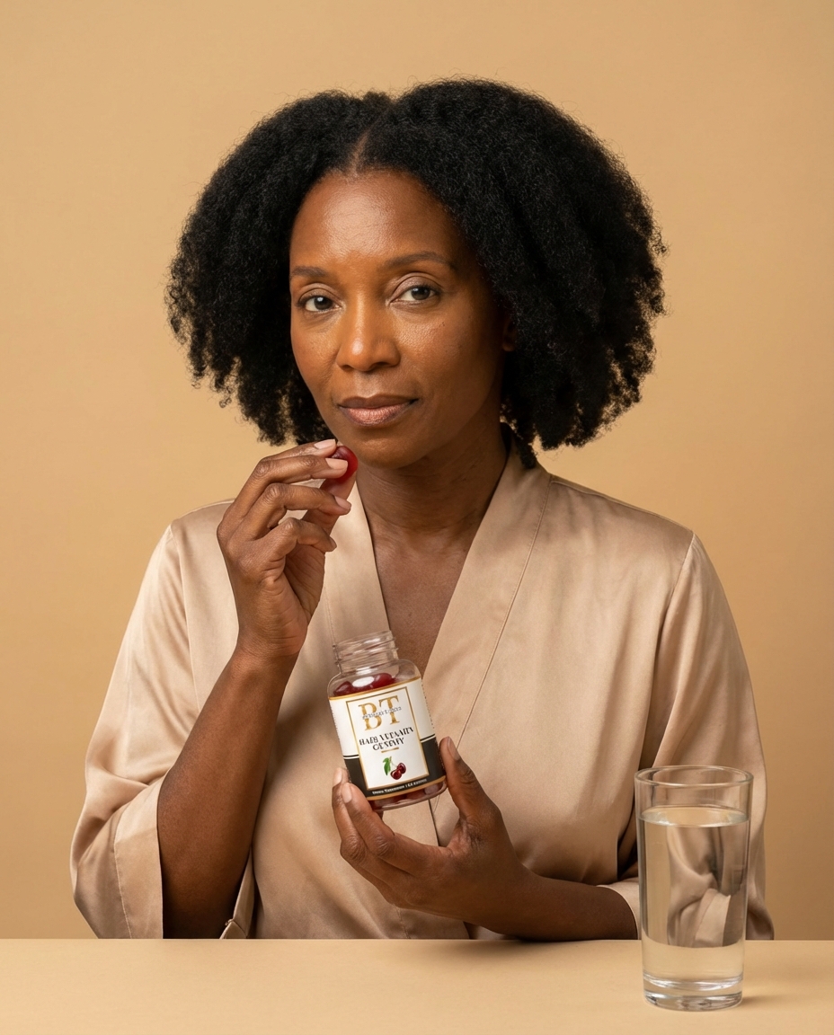 A woman in a robe holds a bottle of hair vitamin gummies and is about to eat one.