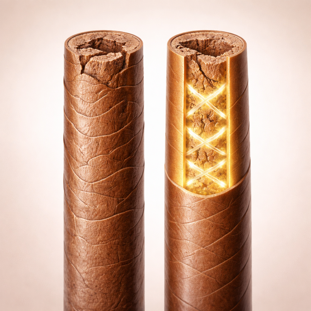 An illustration comparing a damaged hair strand to a repaired strand with a glowing, reinforced core.