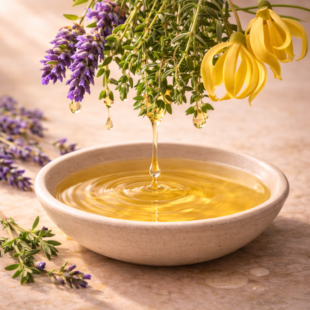 Golden essential oil drips from lavender, thyme, and ylang-ylang flowers into a shallow ceramic bowl.